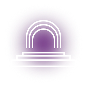 Purple and white doorway icon with rainbow.