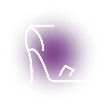 A close-up of a heeled shoe on a purple background.